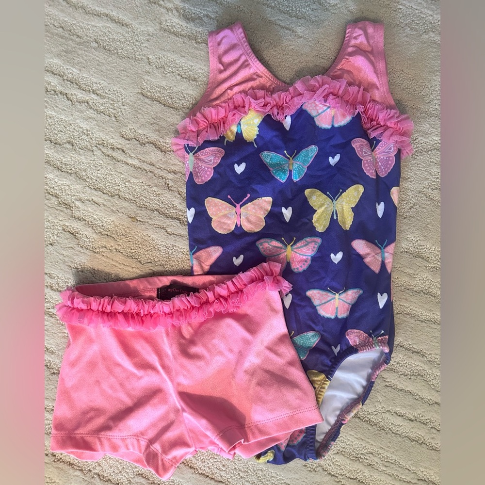 Livey Dee Design butterfly leotard and pink ruffle shorts size medium